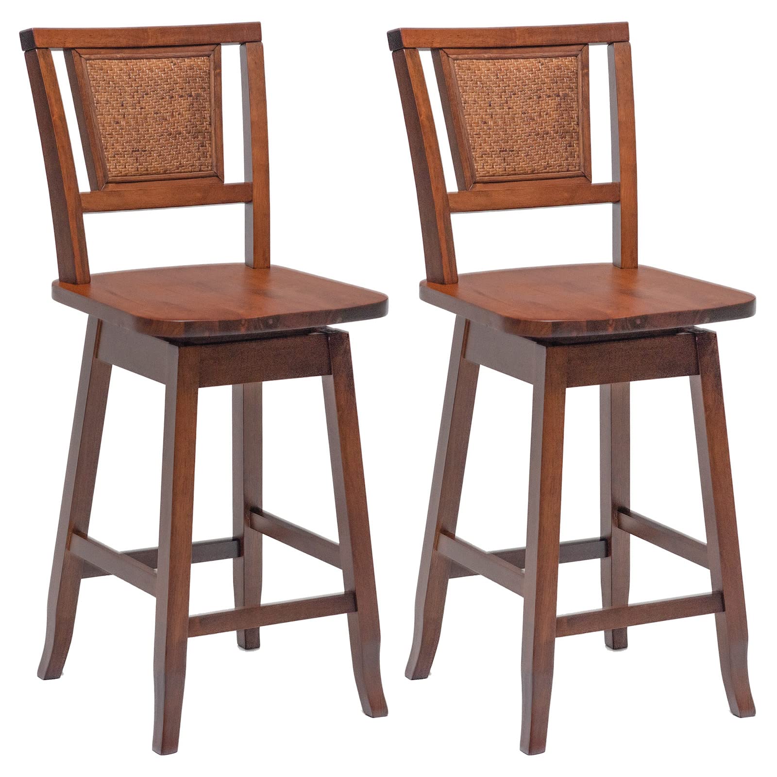 COSTWAY Bar Stools Set of 2, 24.5 Inch Counter Height Bar Stool with Rattan Back, 360°Swivel Seat, Comfortable Footrests, Rubber Wood Bar Stools for Kitchen Island, Dining Room, Cafe, Pub (2)