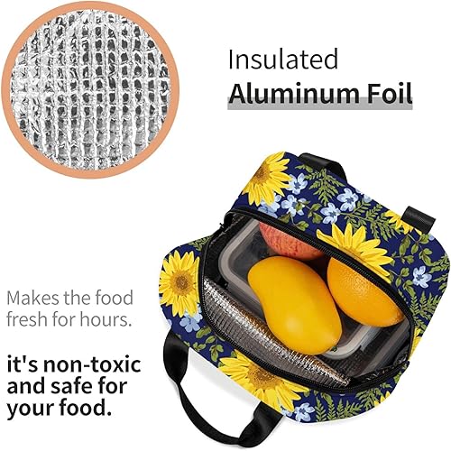 Miniatura 5 de Bolsa de almuerzo aislada de moda con estampado de girasol azul marino para mujer, contenedor reutilizable, impermeable, portátil, enfriador, bolsa