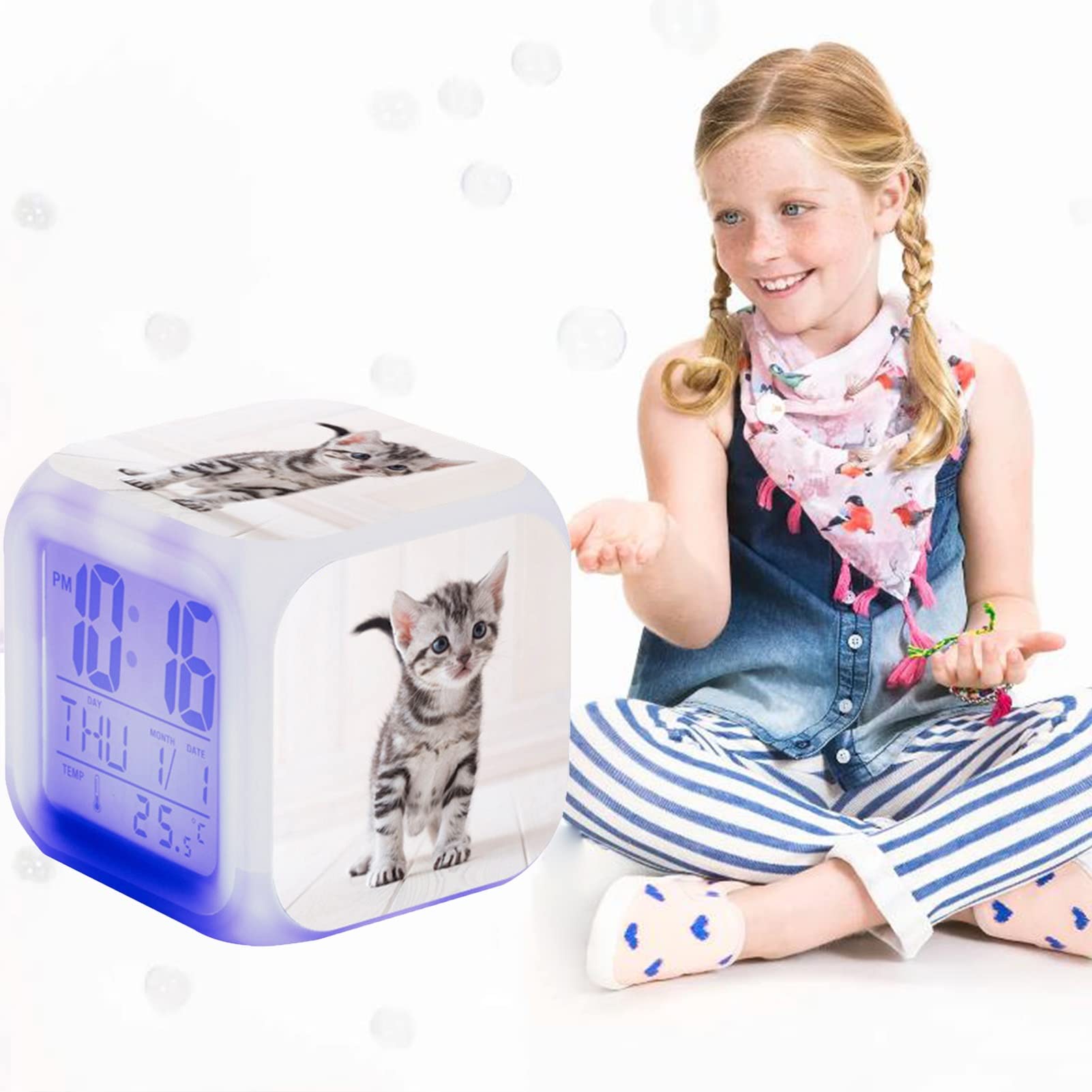 usefulbeauty Kittenwekker, kattenwekker voor kinderen | Kinderklok Kubus Tafelklok LED-wekker,Elektronische kleurrijke wekker, kattenliefhebbersklok voor klaslokaal, woonkamer