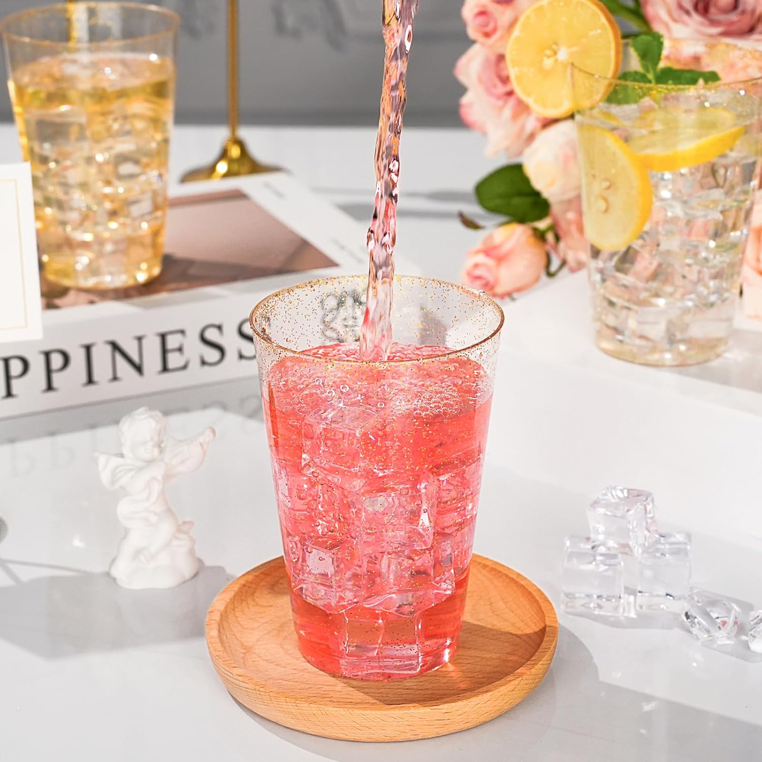 Goodluck 14 oz 50 PCS Gold Glitter Plastic Cups, Disposable Glitter Cups, Elegant Plastic Cocktail Glasses, Fancy Party Cups for Wedding, Birthday, Holiday - Image 2