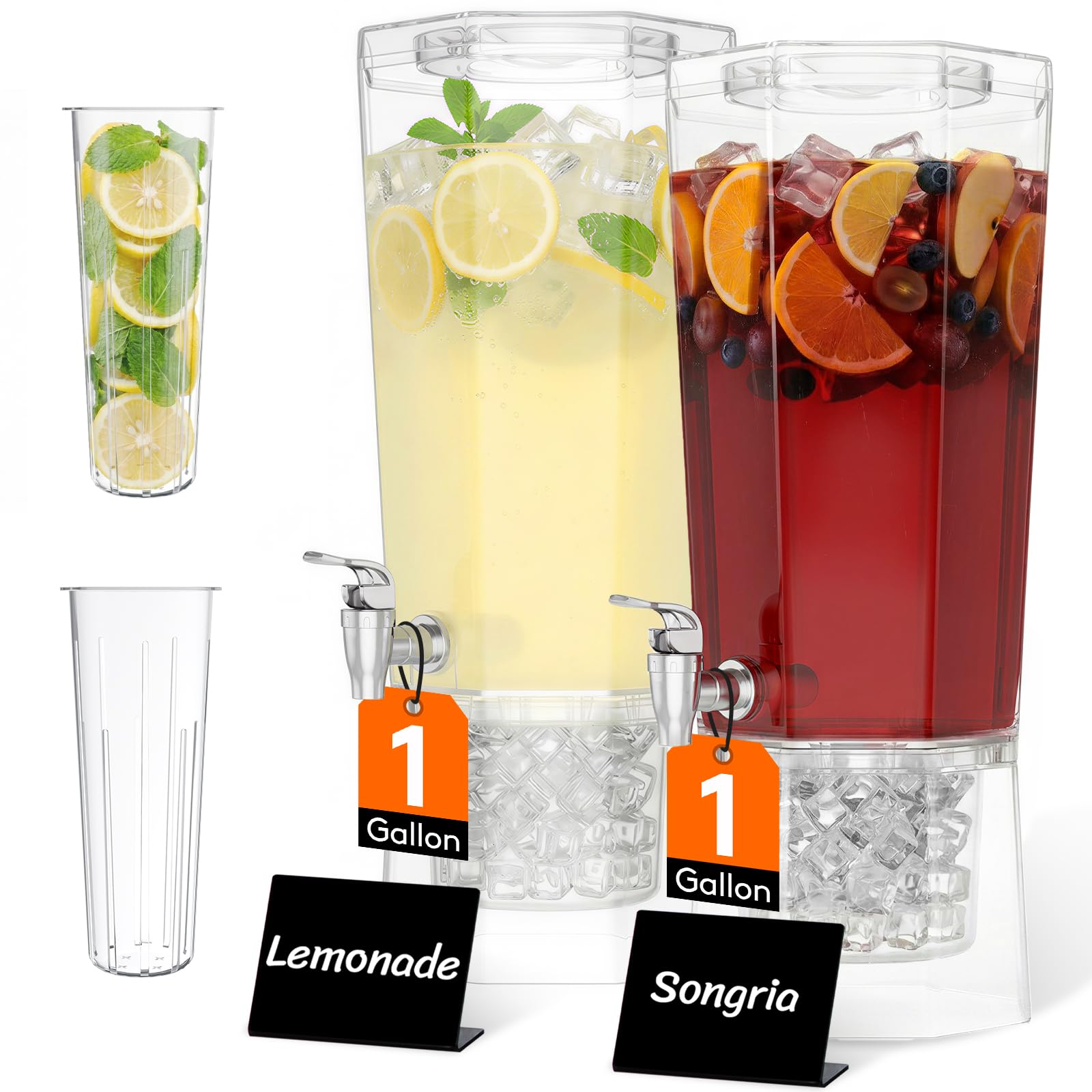 Lifewit 1 Gallon Drink Dispenser for Parties 2 Pcs, Plastic Beverage Container for Juice/Tea/Soda with Stand & Ice Core, Clear Lemonade Dispenser with Spigot, BPA Free Water Pitcher 39 x 16 cm/15x6"