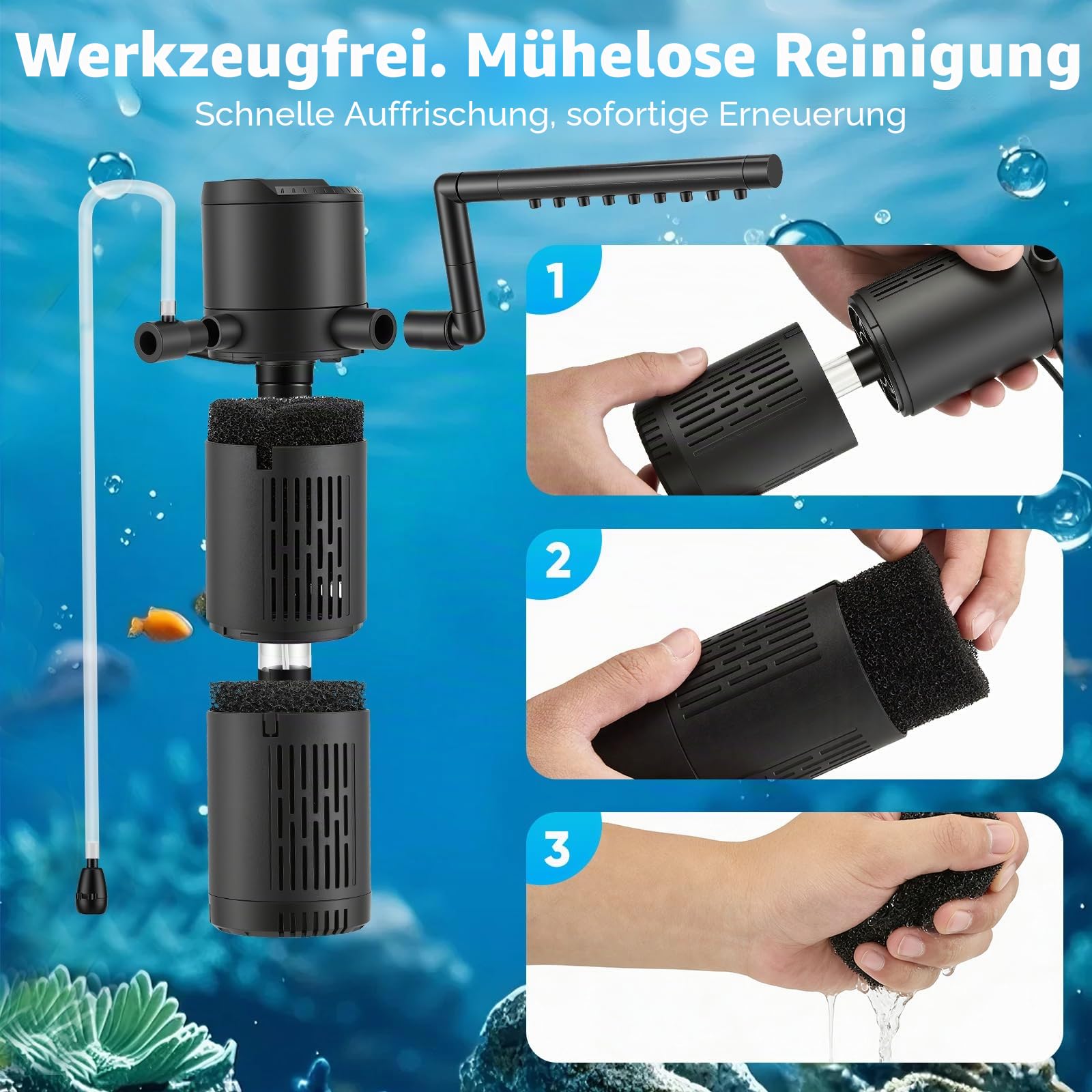 5-in-1 Aquarium Innenfilter mit UV-Sterilisator & Timer, 500 L/h leise Filterpumpe für Aquarien, Belüftung & Regendusche, Multifunktionaler Sauerstoffpumpen-Innenfilter (Geräuscharm)