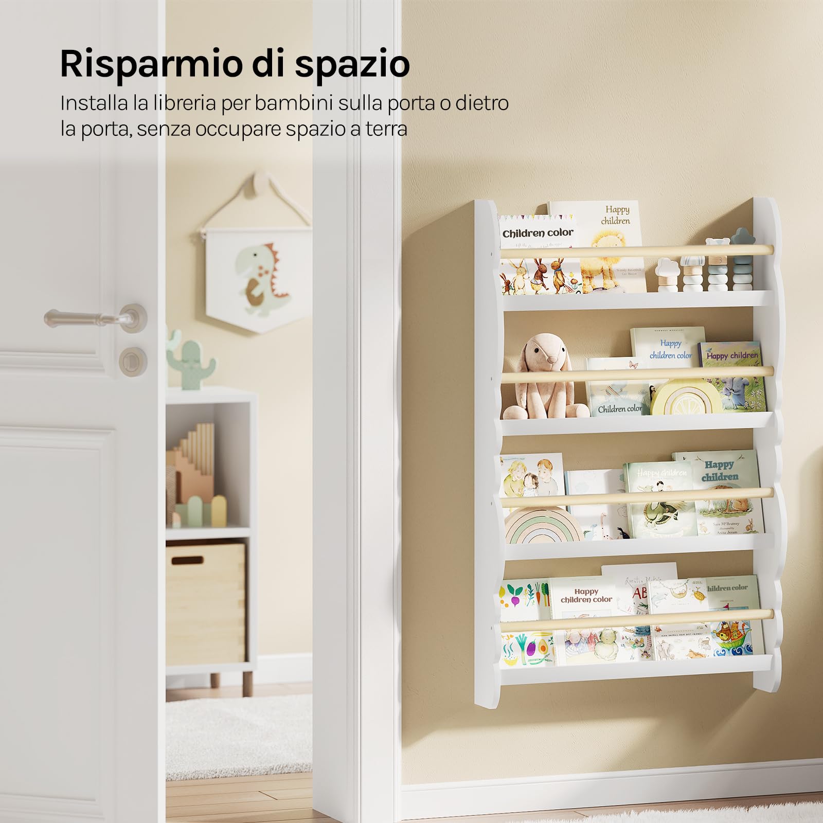 WOLTU Libreria da Parete per Bambini, Piccola Libreria Frontale a 4 Ripiani in Legno, Scaffale Porta Libri a Muro per Cameretta, Bianco, 60x14,5x98 cm