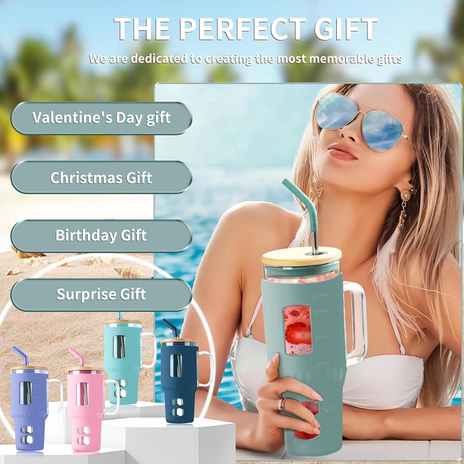 Glass Water Tumbler with Straw and Lid, 32 oz Water Bottle with Handle,Bamboo Lid & Stainless Steel Straw, Portable for Car Holder, Office, Outdoor, Gym - Image 7