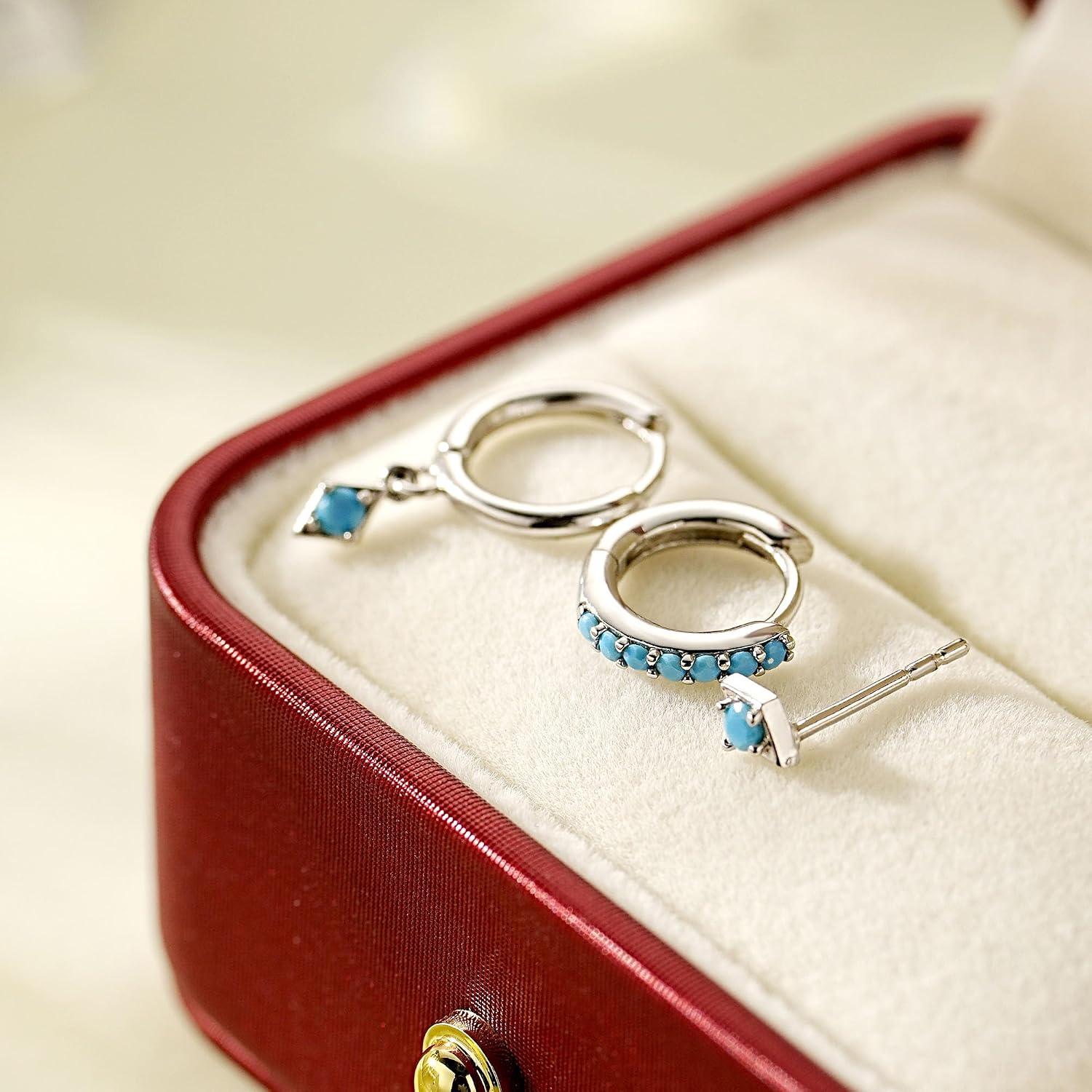 NOKMIT 3 Pairs Mini Hoop Earrings Set Turquoise Cubic Zirconia Huggie Hoop Cartilage Earring Ear Cuff for Women (Turquoise/CZ)
