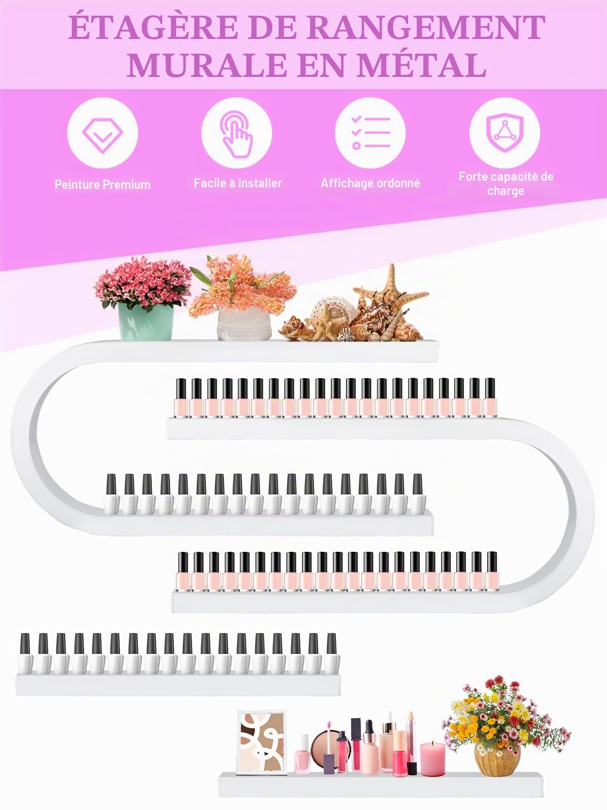 Kalolary Étagère murale en métal en forme de U pour vernis à ongles, cosmétiques, rouge à lèvres, parfum, huiles essentielles, pour bouteilles de vernis à ongles, spa, salon de manucure