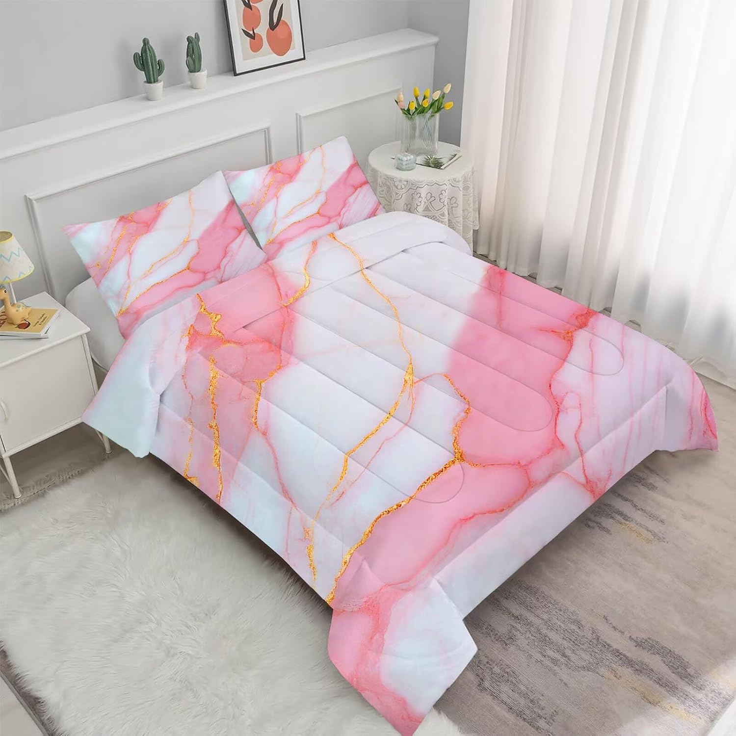 Mable Bedding Set Queen Size Pink and Gold Comforter for Women Kids Girls Teen Princess Bedroom Decor Quilt Bed Sets, 1 Comforter 2 Pillowcases