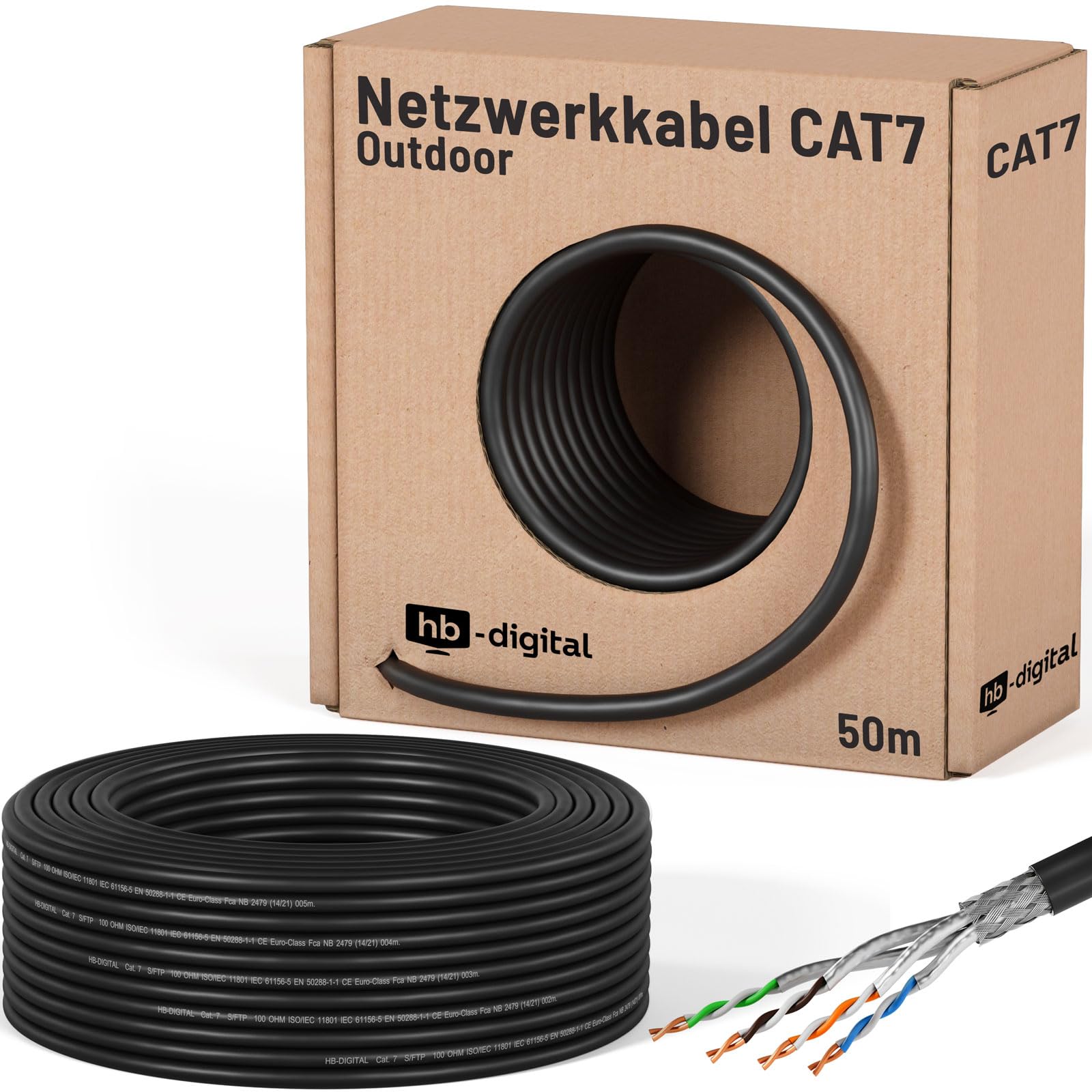 HB-DIGITAL 50m CAT 7 Cable de instalación Ethernet 1000MHz 10Gbits al aire libre negro AWG23/1 PE S/FTP doble blindaje PIMF Puro Cobre Instalación de red