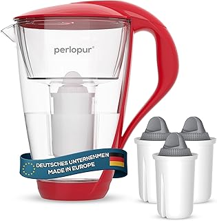 GLAS-Wasserfilter PerloPur (rot) mit 3 Protect+ classic Filterkartuschen (f. hartes Wasser) - Made in EU