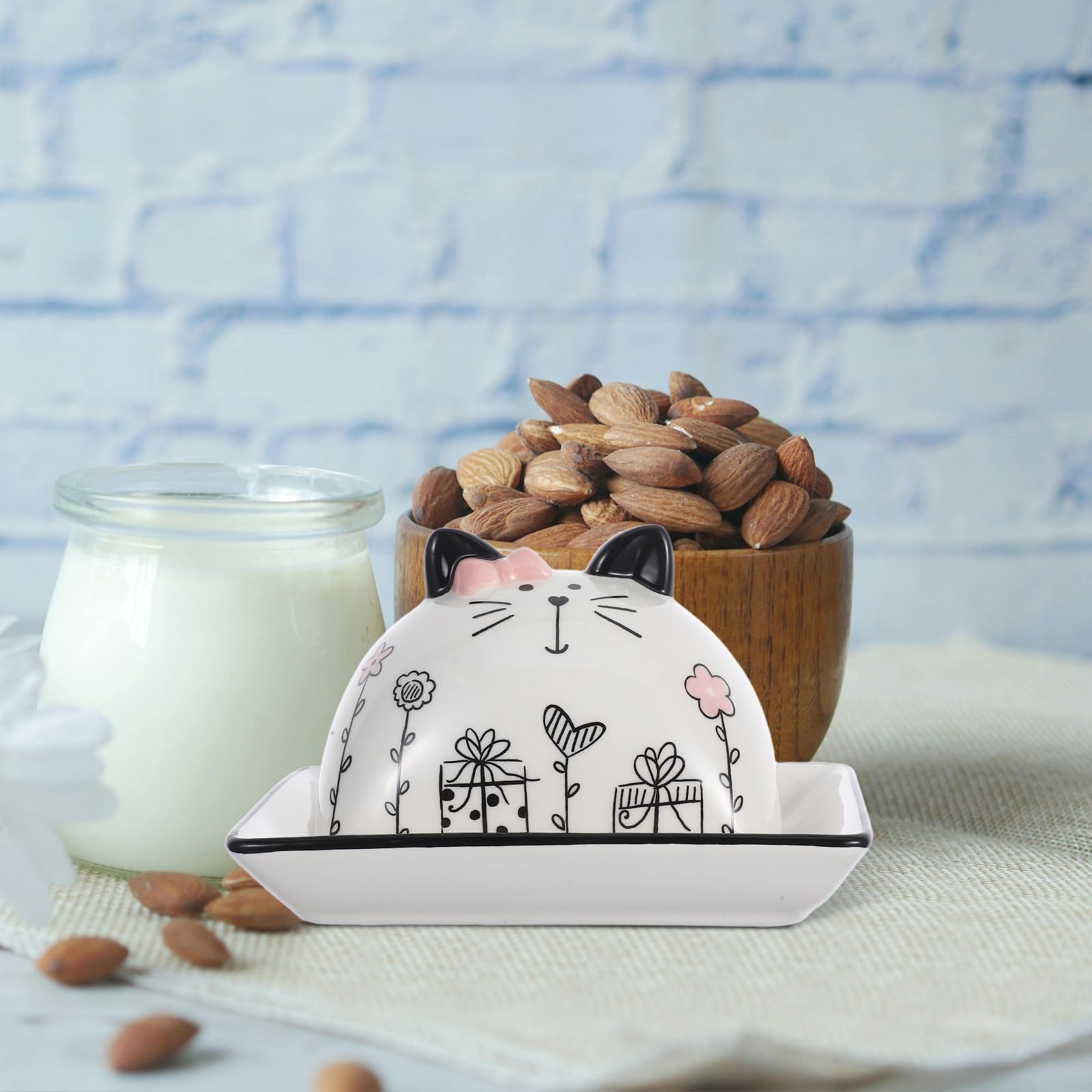 LALAFINA Beurrier en Céramique Cuisine avec Couvercle Motif Chat