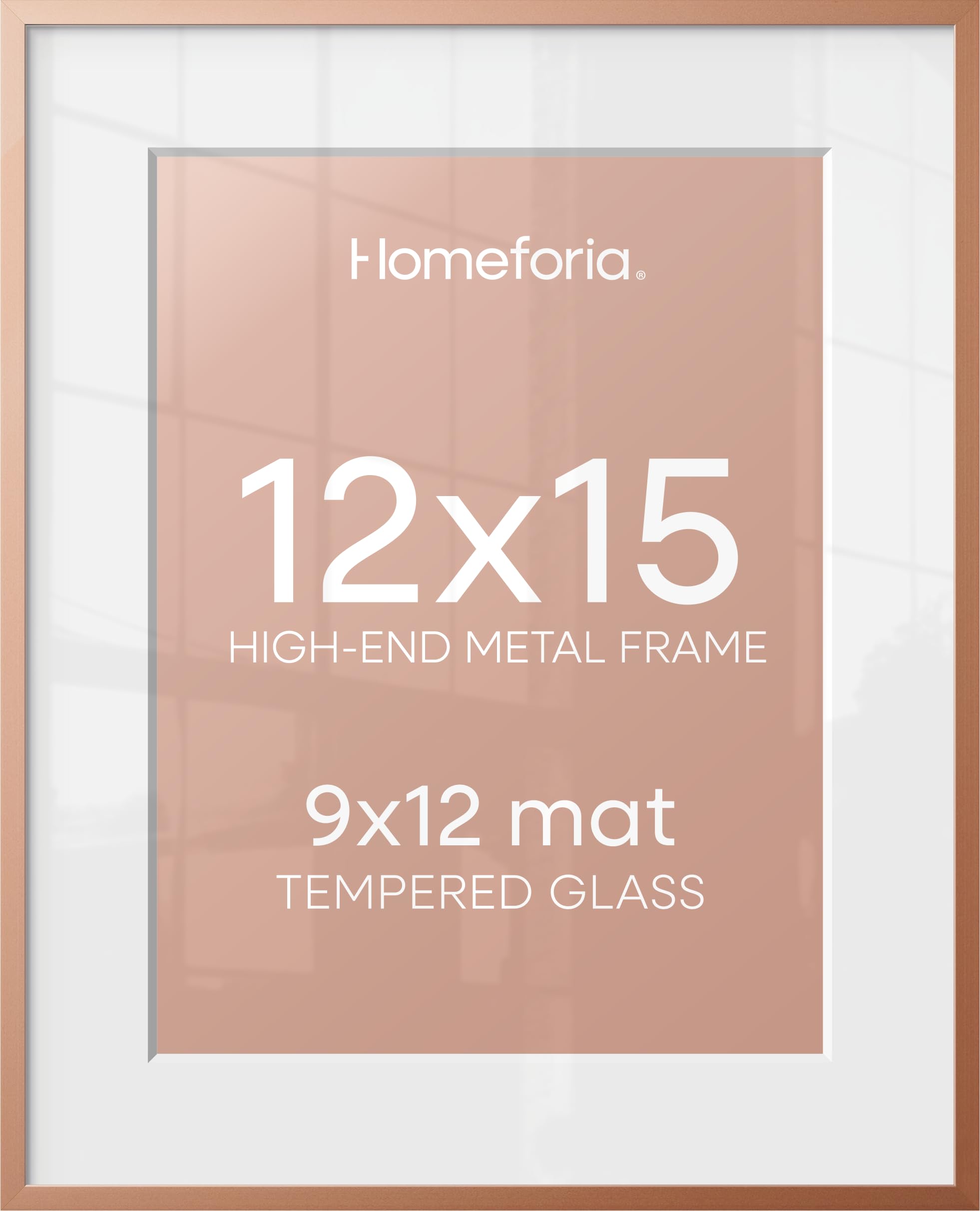 Homeforia 12x15 Rose Picture Frame, High-End Metal, 9x12 Mat, Glass | High End Aluminum, Tempered Glass, Acid-Free 9x12 Removable Mat, 12x15 in Edge-to-Edge Display 15x12, Wall Kit, Set Of 1