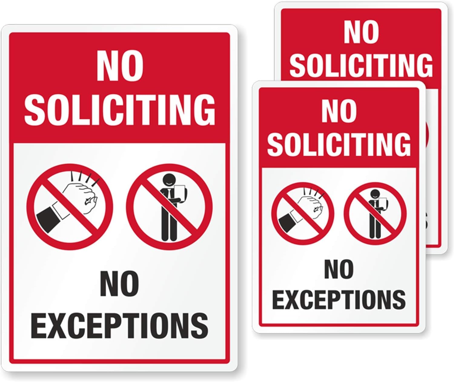 SmartSign No Soliciting No Exceptions Stickers Set of 3 (1) 3.75" x 5.5" Label and (2) 2.75" x 4" Labels | EG Reflective Labels for Doors, Windows, Glass, Made in USA