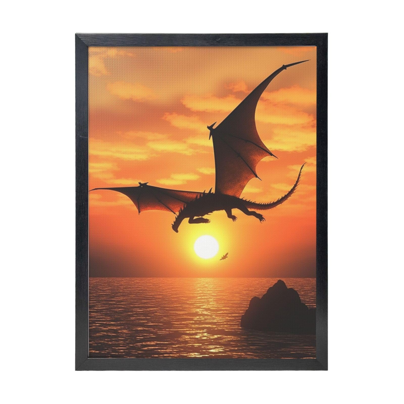 Framed Wall Art - Decorative Canvas Painting Sea Sunset Flying Dragon Pictures Poster Aesthetic Modern Prints Artwork for Bedroom Office Wall Decor Ready To Hang 12x16 in