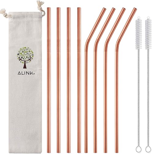 ALINK Pajitas de metal de oro rosa reutilizables de 10.5 pulgadas de largo con fundas de silicona, paquete de 8 pajitas de acero inoxidable para