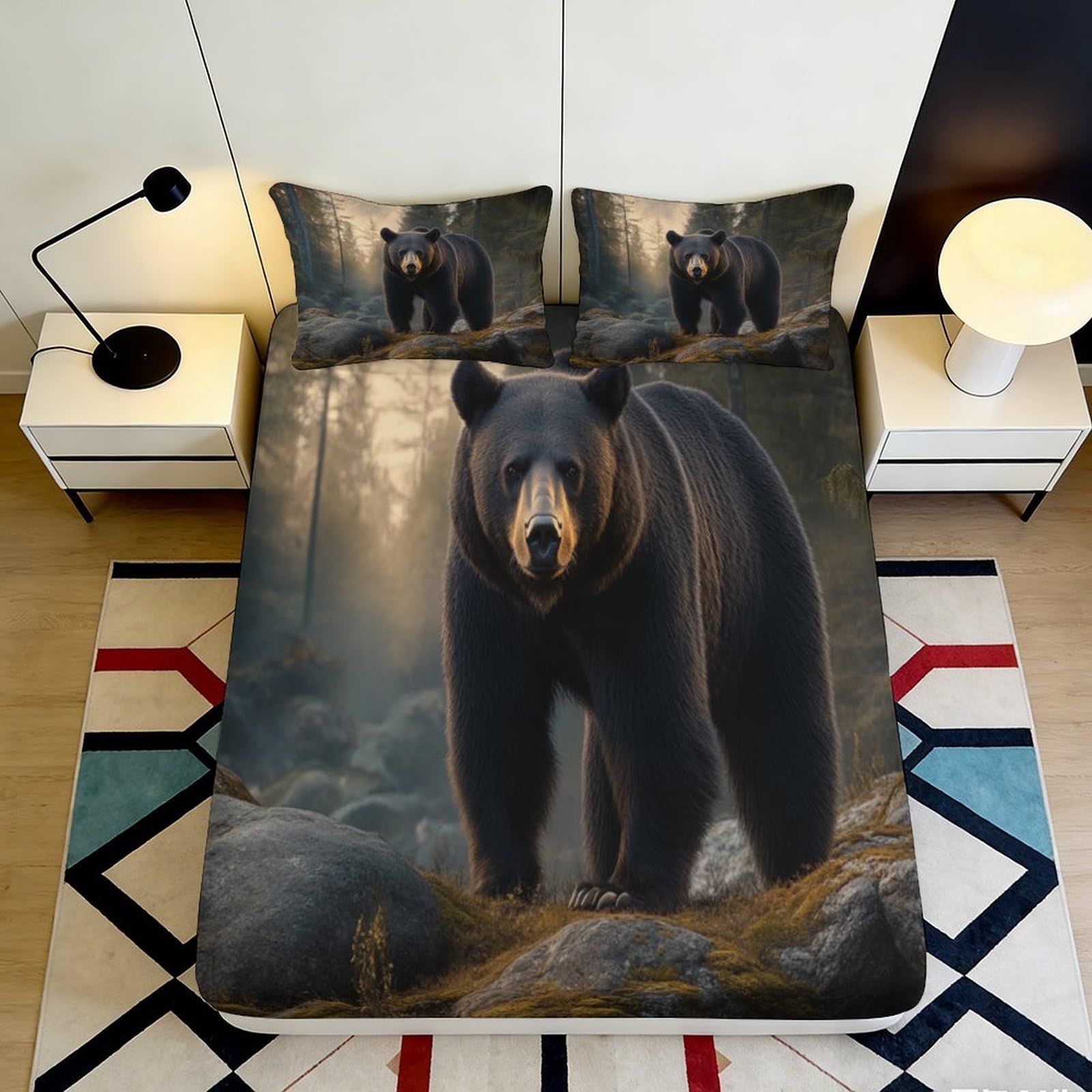 3D Printed Forest Bear Fitted Sheet Microfiber Soft Anti-Slip Animal Mattress Cover for Bedroom Lodge Decor 180x200x25cm