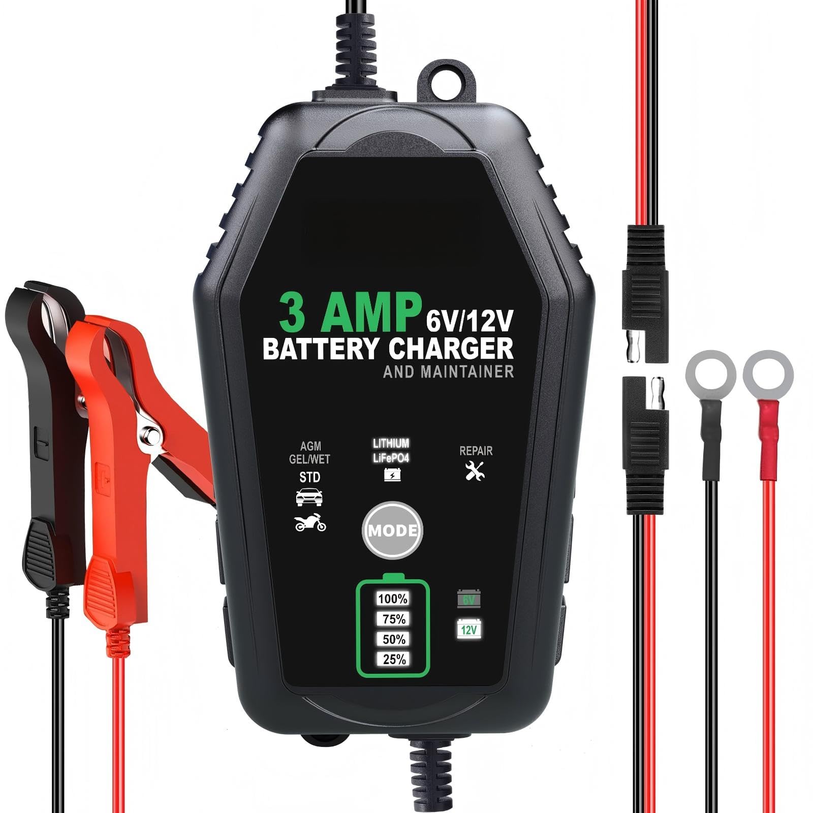 Battery Charger, Smart Automotive Battery Charger, Fully Automatic and Maintainer Trickle Charger, Battery Desulfator, for Car, Motorcycle, Boat, Lead-Acid, Lithium, LiFePo4 Battery