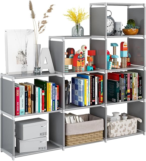 JIUYOTREE 9 Cube Bookcase, Stair Storage Unit,Multi-Use Cube Storage Organiser for Books, Toys, Clothes, Tools, Grey