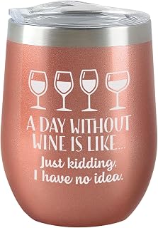 12 oz Wine Tumbler - Iced Coffee Mug with Splash-Proof Lid Stainless Steel Double Wall Vacuum Insulated with Inner Layer Copper Keep Drinks Cold/Hot - Quote: Day without Wine (Pink)