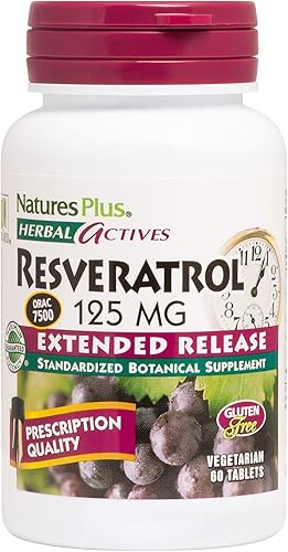 NaturesPlus Herbal Actives Resveratrol, liberación prolongada - 125 mg, 60 tabletas vegetarianas - Sin gluten - 30 porciones
