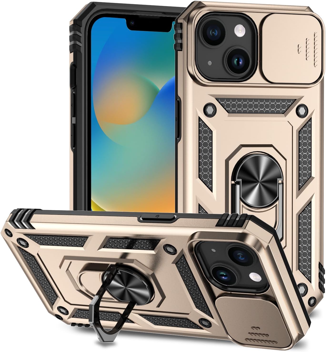 Case Designed for iPhone 14 5G, iPhone 14 Case 6.1'' with Camera Cover & Kickstand Military Grade Shockproof Heavy Duty Protective Cover for iPhone 14