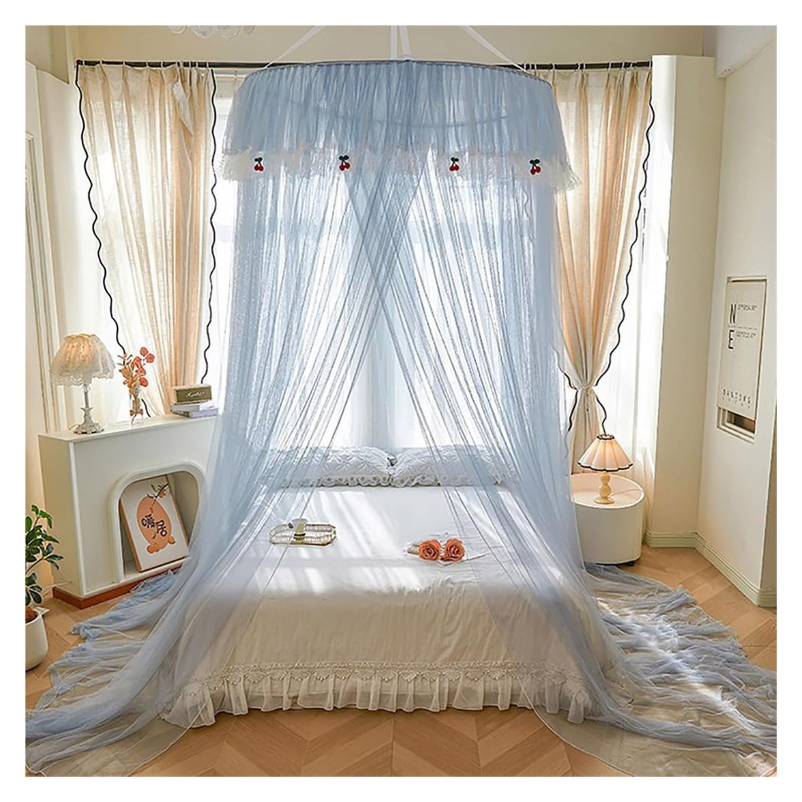 Moustiquaire de lit king size bleue avec dôme en dentelle ronde de 180cm