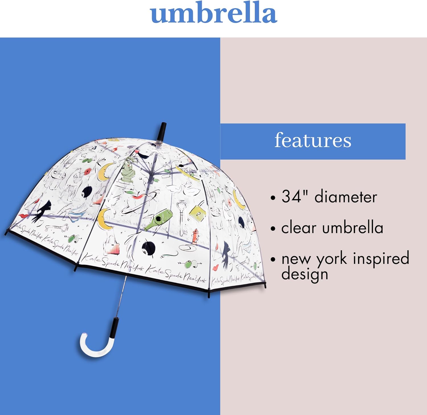 kate spade new york Clear Umbrella for Rain, Large Bubble Umbrella for Adults with Floral Design