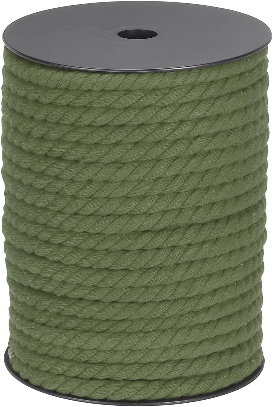 MECCANIXITY Cotton Rope 3 Strand Twisted Braided Rope Cord, Green 8mm x 131ft Craft Rope Cord Cotton for Wall Hanging, Plant Hanger, Knitting, Macrame Knotting