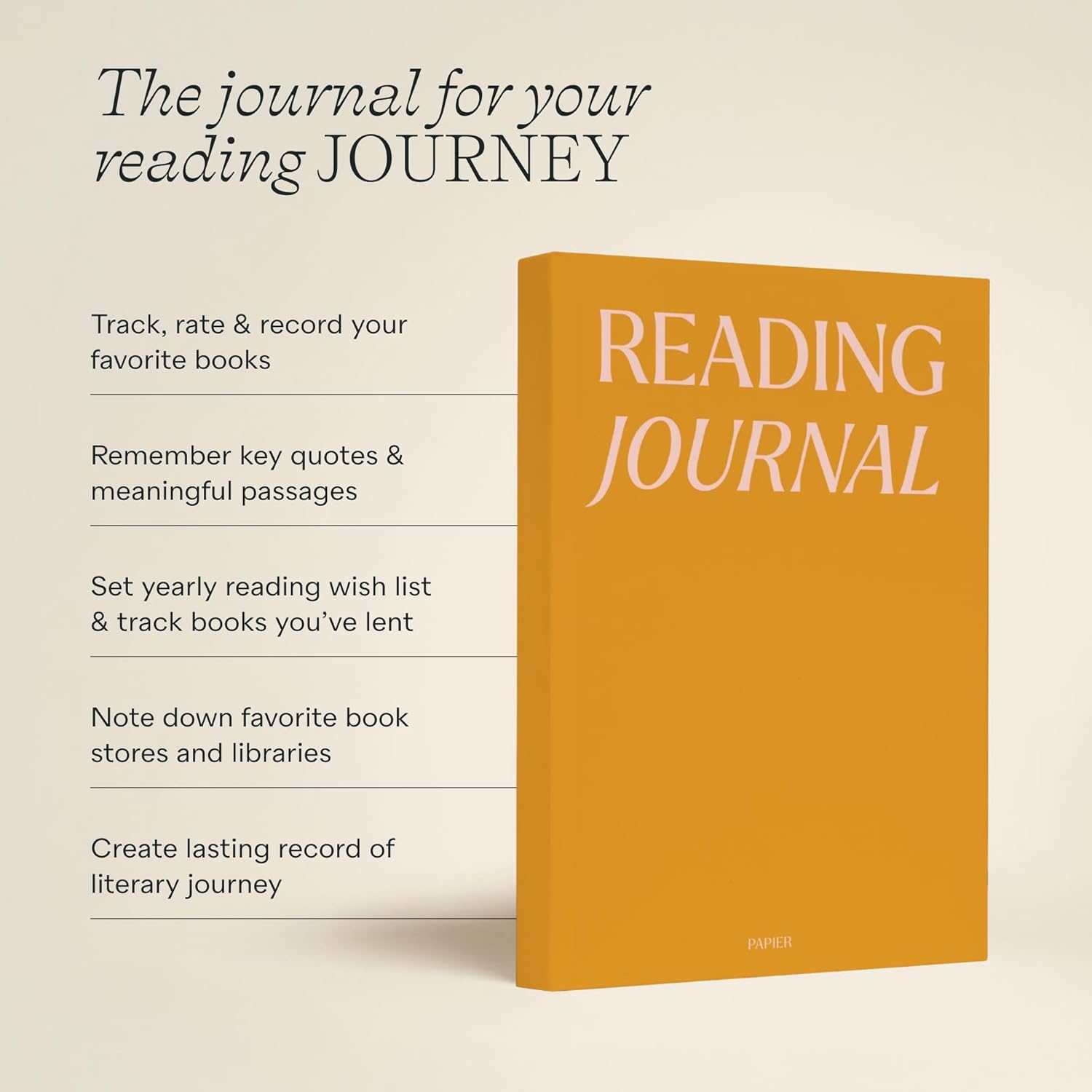 Papier Wonder Reading Journal - Yellow Hardback | Record & Review Your Reads | Includes Space To Review Books, Write Reading Wish Lists, Book Club Ideas & Favorite Books | Great Gift For Book Lovers