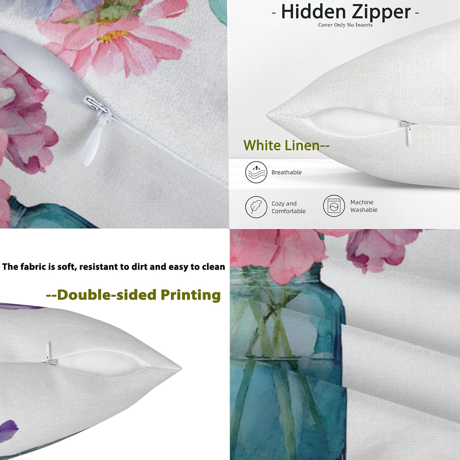 Condition photo showing New/Like New for set of 4 watercolor flower pillow covers floral double sided print cushion covers daisy hydrangea orchid bloom bottle vase spring summer throw pillow cases home sofa couch 18x18inch wl-dp-sde-floral