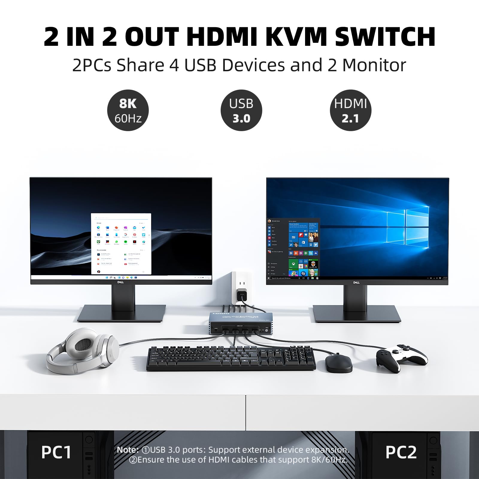 8K@60Hz HDMI KVM Switch 2 Monitors 2 Computers