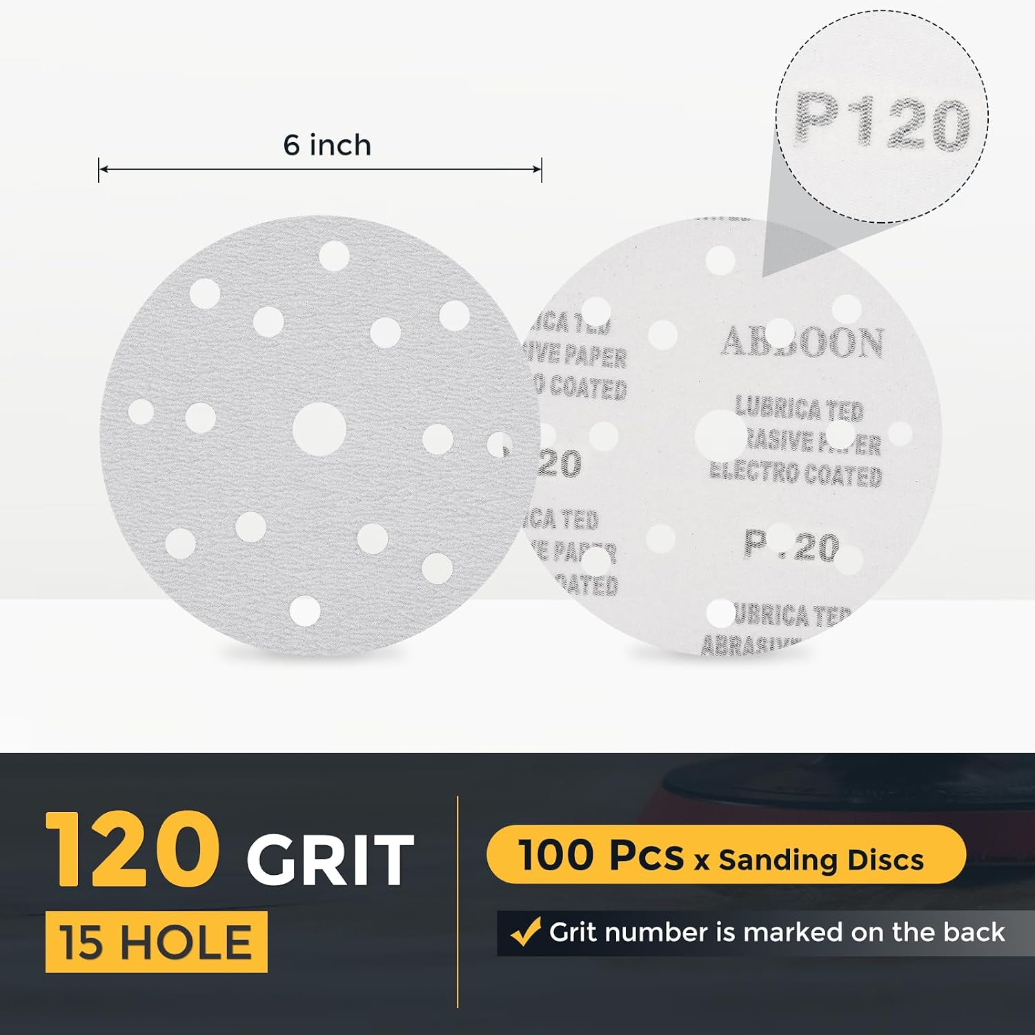 HARFINGTON 100 Pcs 6 Inch Sanding Disc 15 Hole 120 Grit Hook and Loop Sandpaper Random Orbital Sander Pads for Woodworking Automotive Metal Polishing, White
