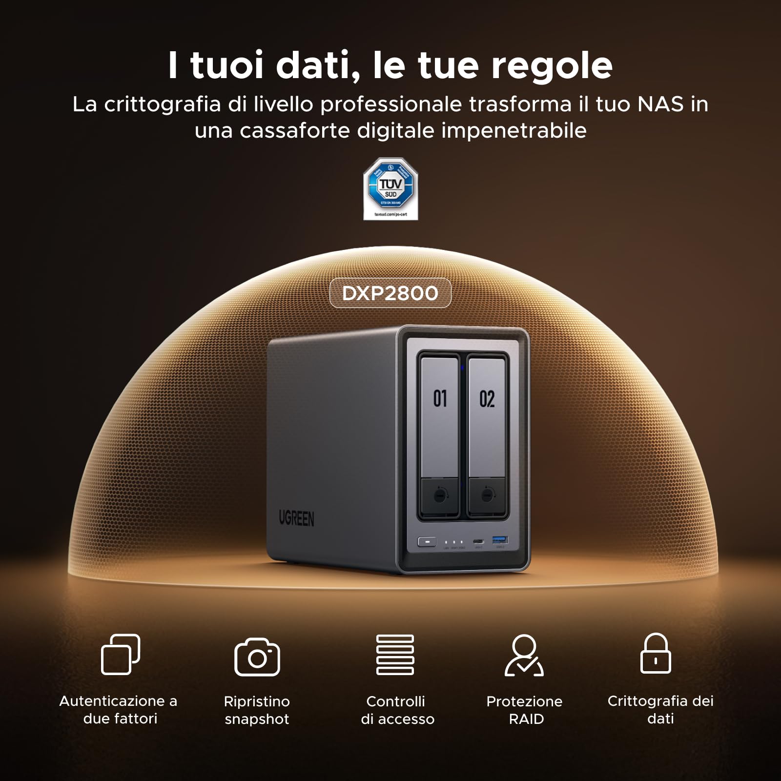 UGREEN NASync DXP2800, NAS desktop a 2 bay, CPU Intel N100 Quad-core, 8 GB di RAM DDR5, 2,5 GbE Enthernet, 2 slot M.2 NVMe, HDMI 4K, archiviazione collegata in rete (Senza disco)