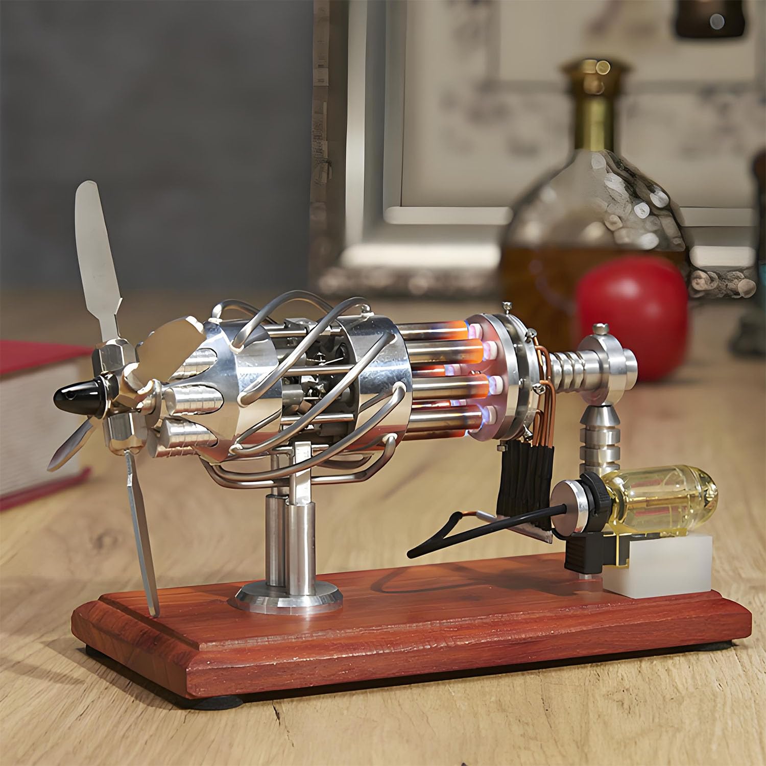 Modelo de motor aeronáutico: placa oscilante de 16 cilindros, motor de aire caliente con hélice giratoria de 4 palas, cilindro calentado y base de madera maciza para experimentos científicos