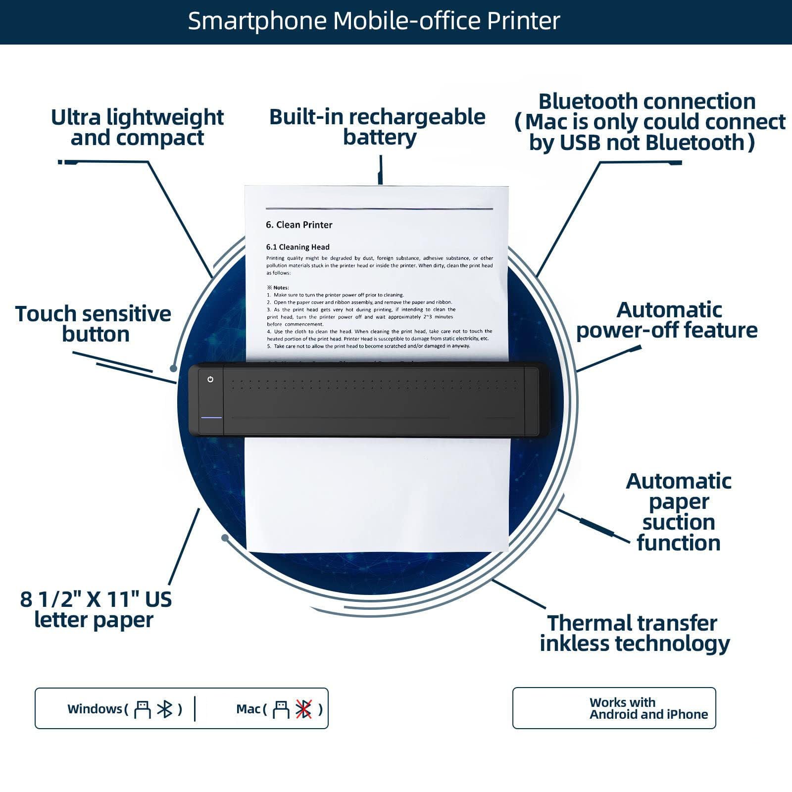 RIDAEX Stampante per ufficio portatile wireless Bluetooth A4 Stampante a trasferimento termico per gli spostamenti