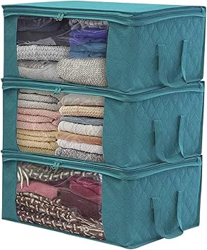 Non-Woven Storage Bag, Large Capacity Clothes Storage Bag Foldable Large Capacity Storage Bin with Clear Window Sturdy Zipper Reinforced Handle for Comforters, Blankets, Bedding Blue