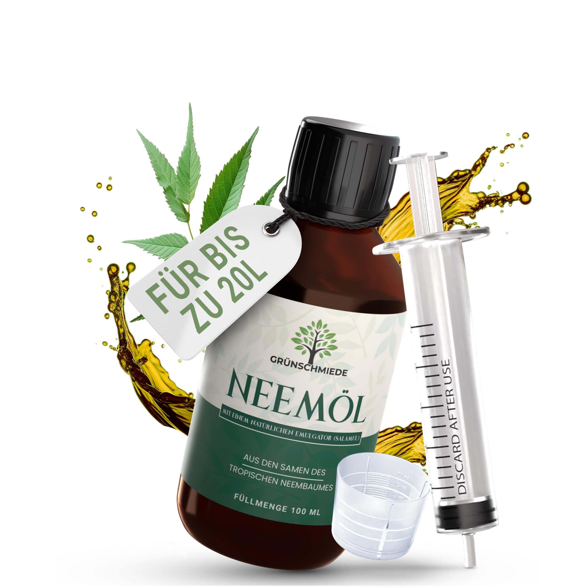 GRÜNSCHMIEDE - Premium Neemöl mit Emulgator [100 ml], natürliches Niemöl zur Planzenpflege inkl. Dosierspritze und Dosierkappe