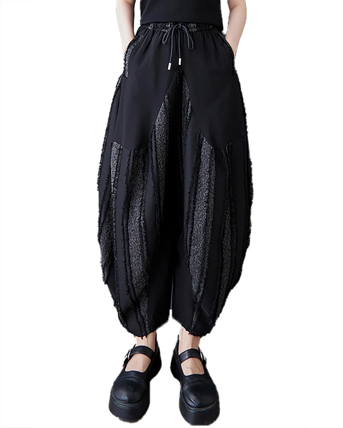 ellazhu Womens Pants Irregular Stripe Contrast Color Patchwork Elastic Wasit Harem Pant with Pocket GZ492