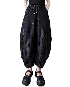 ellazhu Womens Pants Irregular Stripe Contrast Color Patchwork Elastic Wasit Harem Pant with Pocket GZ492