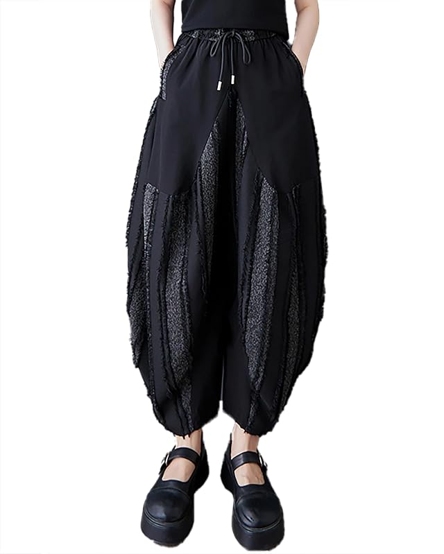 ellazhu Womens Pants Irregular Stripe Contrast Color Patchwork Elastic Wasit Harem Pant with Pocket GZ492
