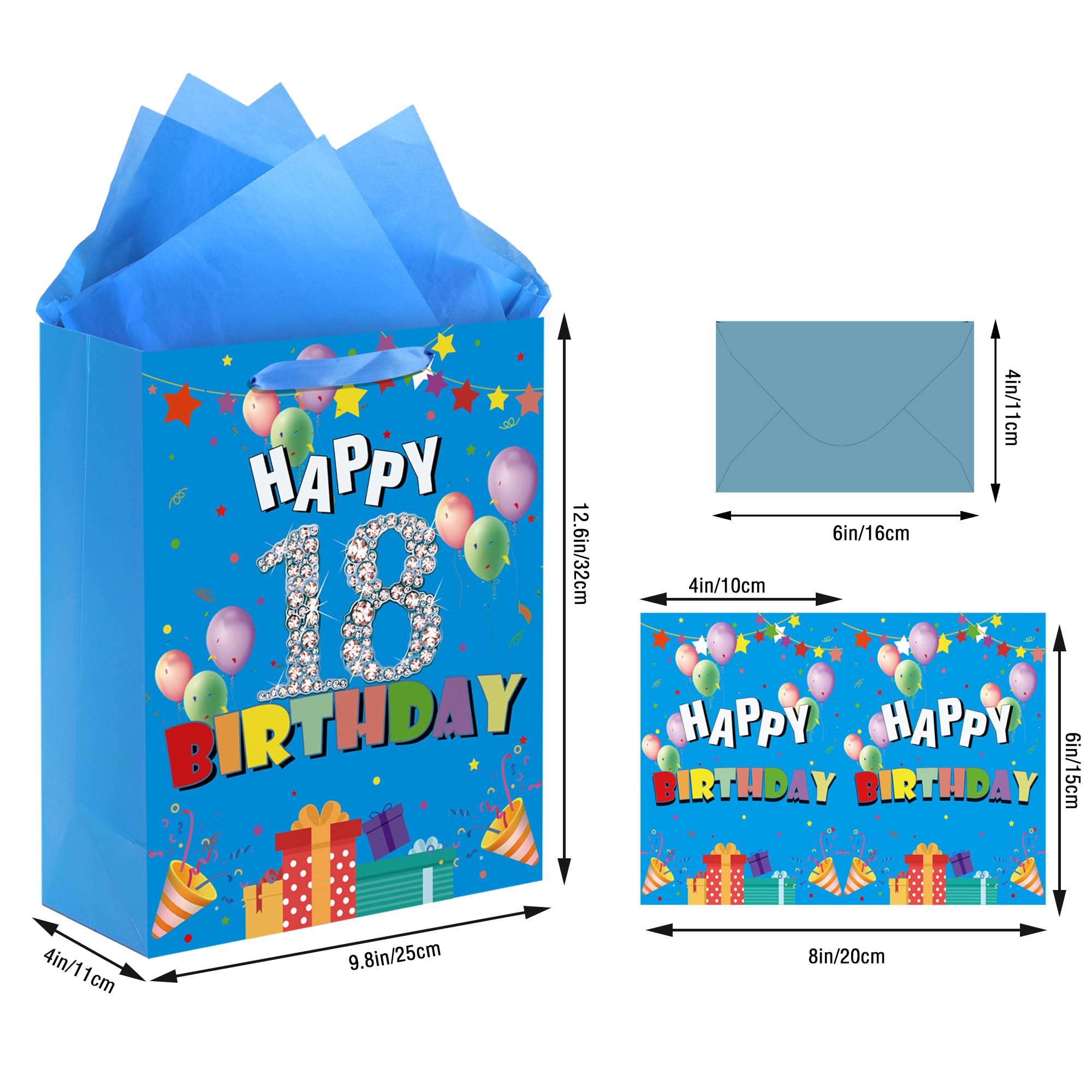 Blue Gold Happy 75th Birthday Gift Bag With Tissue Paper Greeting Card, 11.8'' 75th Birthday Wrap Bag For Men Women 75 Year Old Anniversary Party