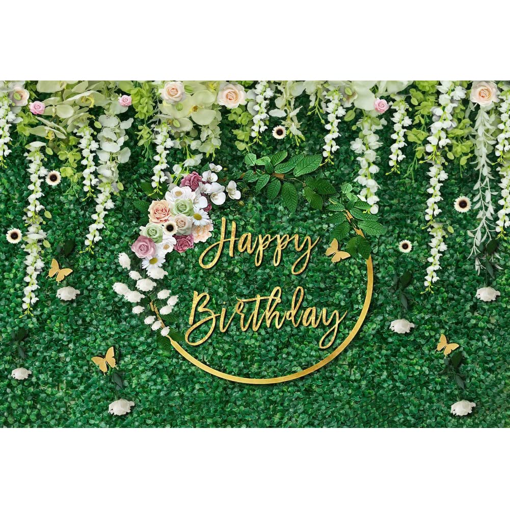 Yeele 7x5ft Green Grass Wall Wedding Backdrop White Flower Leaves Greenery Photography Background Outdoorsy Birthday Theme Party Decoration Wallpaper Wedding Cake Table Baby Shower Photo Booth Props
