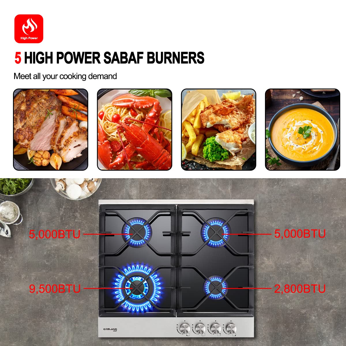 24" Gas Cooktop, GASLAND Chef GH60BF 4 Burner Builtin Gas Stovetop, 24