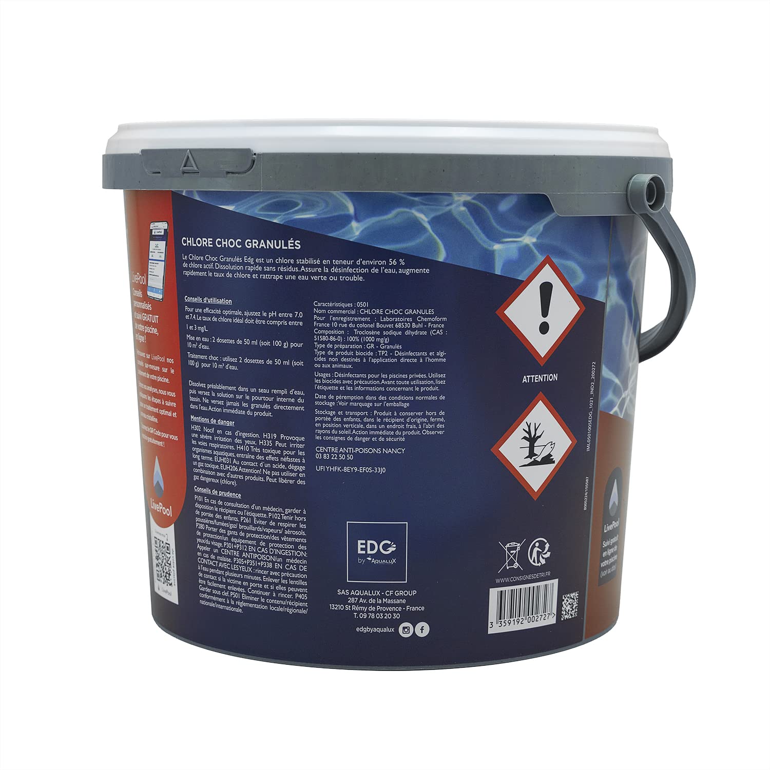 EDG by AQUALUX Chlore Choc Granulés - 5kg | Chlore Choc Stabilisé - Désinfection Choc - Dissolution Rapide + 10 Tests HPS OFFERTS 6 en 1