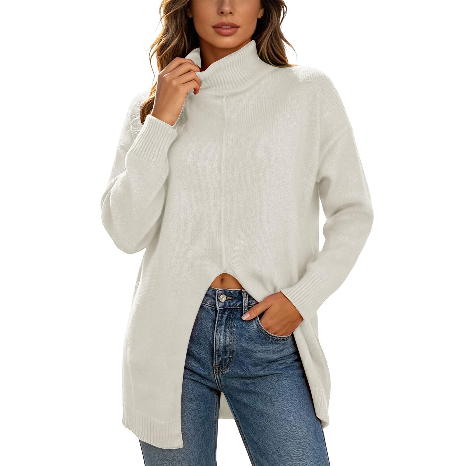 Rollkragenpullover Damen Lang Strickpullover Baumwolle Pullover Oversize