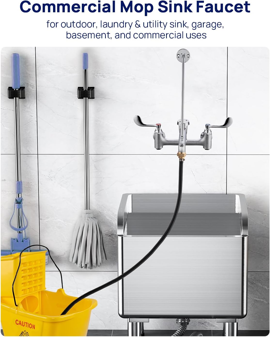 Commercial Mop Sink Faucet Slop Sink with Wrist Blade Handle, Industrial Wall Mount Utility Faucet with 3/4" Hose Thread with Hook, 8" Center Adjustable, Brass Casted