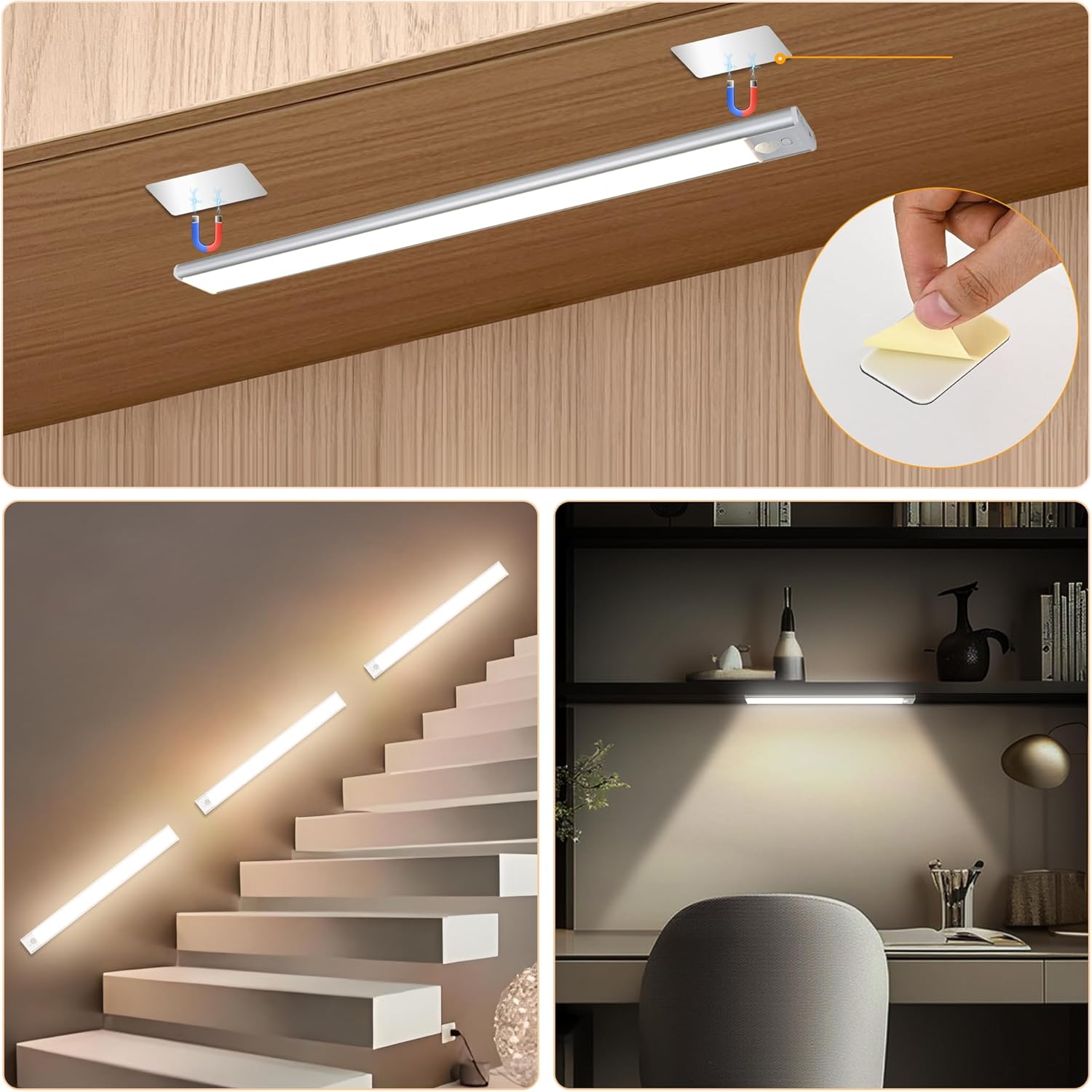 8 Inch Under Cabinet Lighting, 2 Pack Rechargeable Motion Sensor LED Closet Lights Indoor, Magnetic Dimmable Counter Light with 3 Colors for Kitchen, Stairs