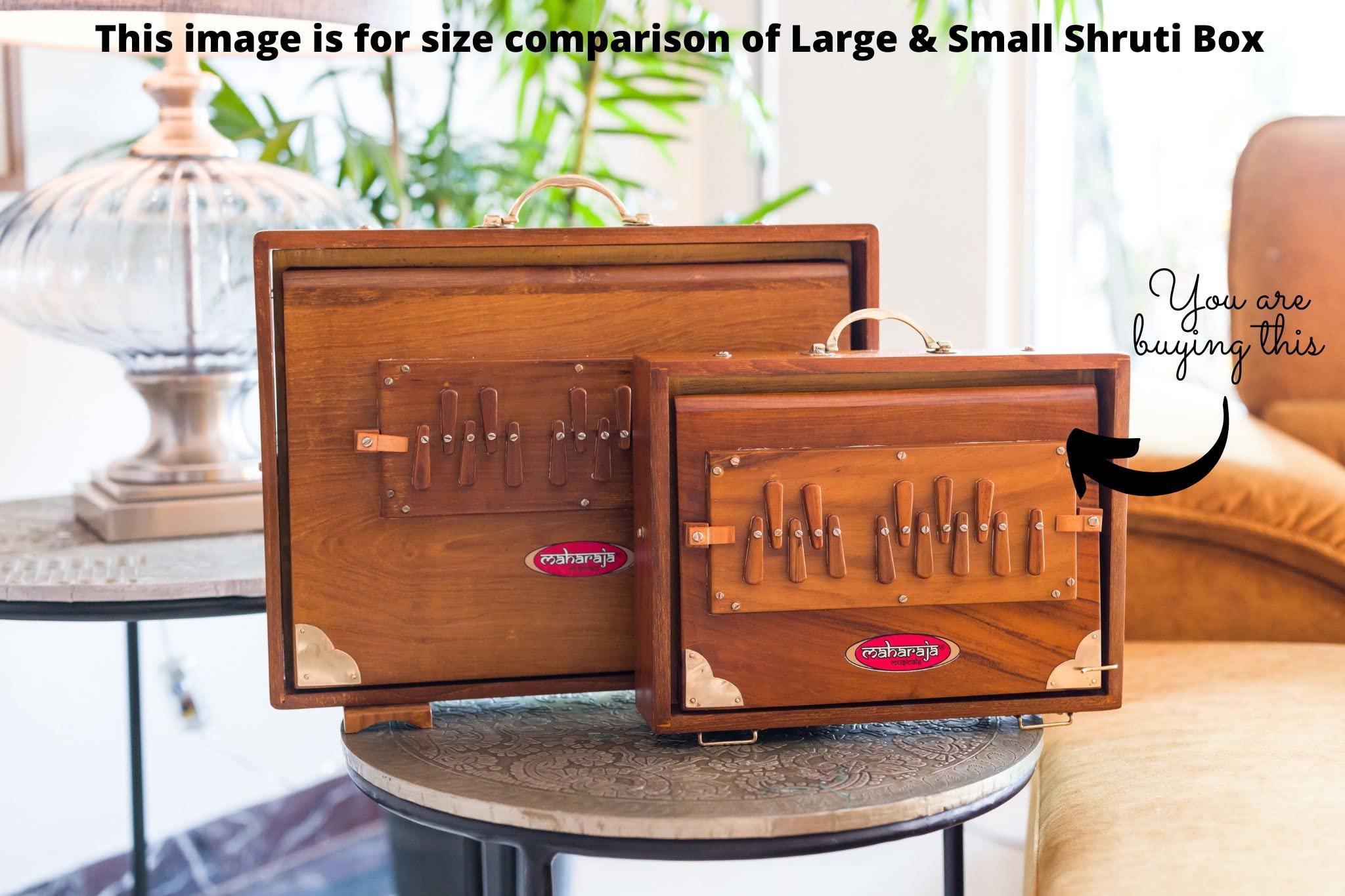 Shruti Box, Maharaja Premium, Teakholz, Messing, 30,5 x 22,9 x 7,6 cm, C-to-C, Tasche, In den USA, gestimmt 440, Surpeti Instrument. Ideal für Yoga, Kirtan, Vocal SB-S
