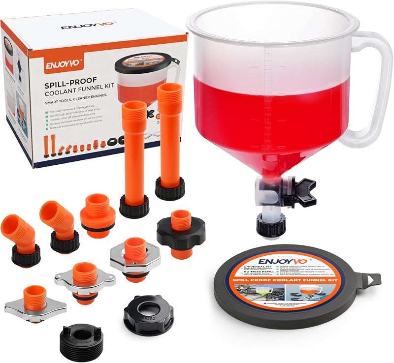 15-Piece No-Spill Coolant Funnel Kit with GM and Ford Adapters | For coolant changes, radiator refills and air bleeding on cars, trucks and motorcycles; extensions reach tight engine bays