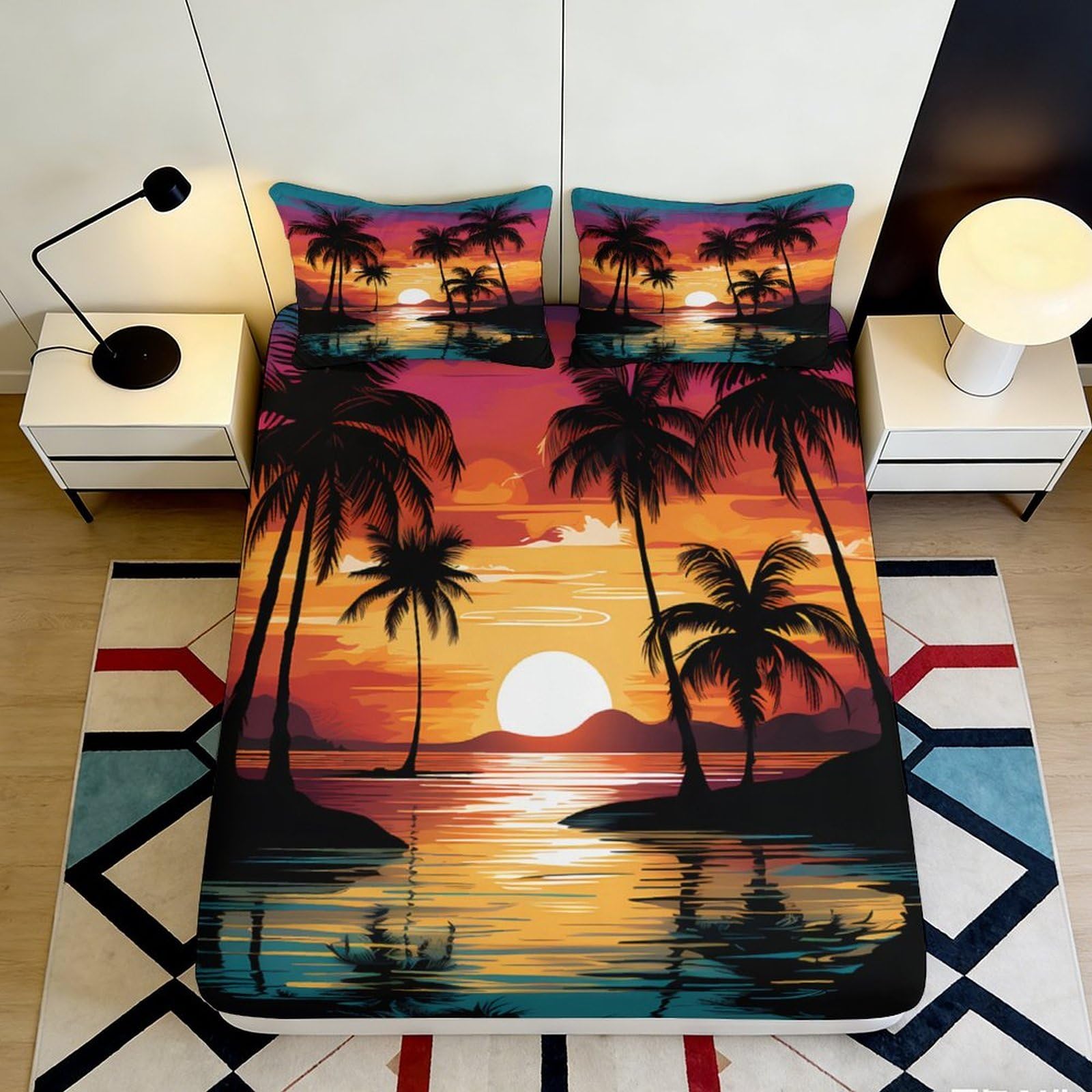 3D Printed Tropical Sunset Fitted Sheet Microfiber Soft Breathable Palm Tree Bed Cover for Bedroom Dorm Dormitory Guest Room Mattress Protection 90x200x25cm