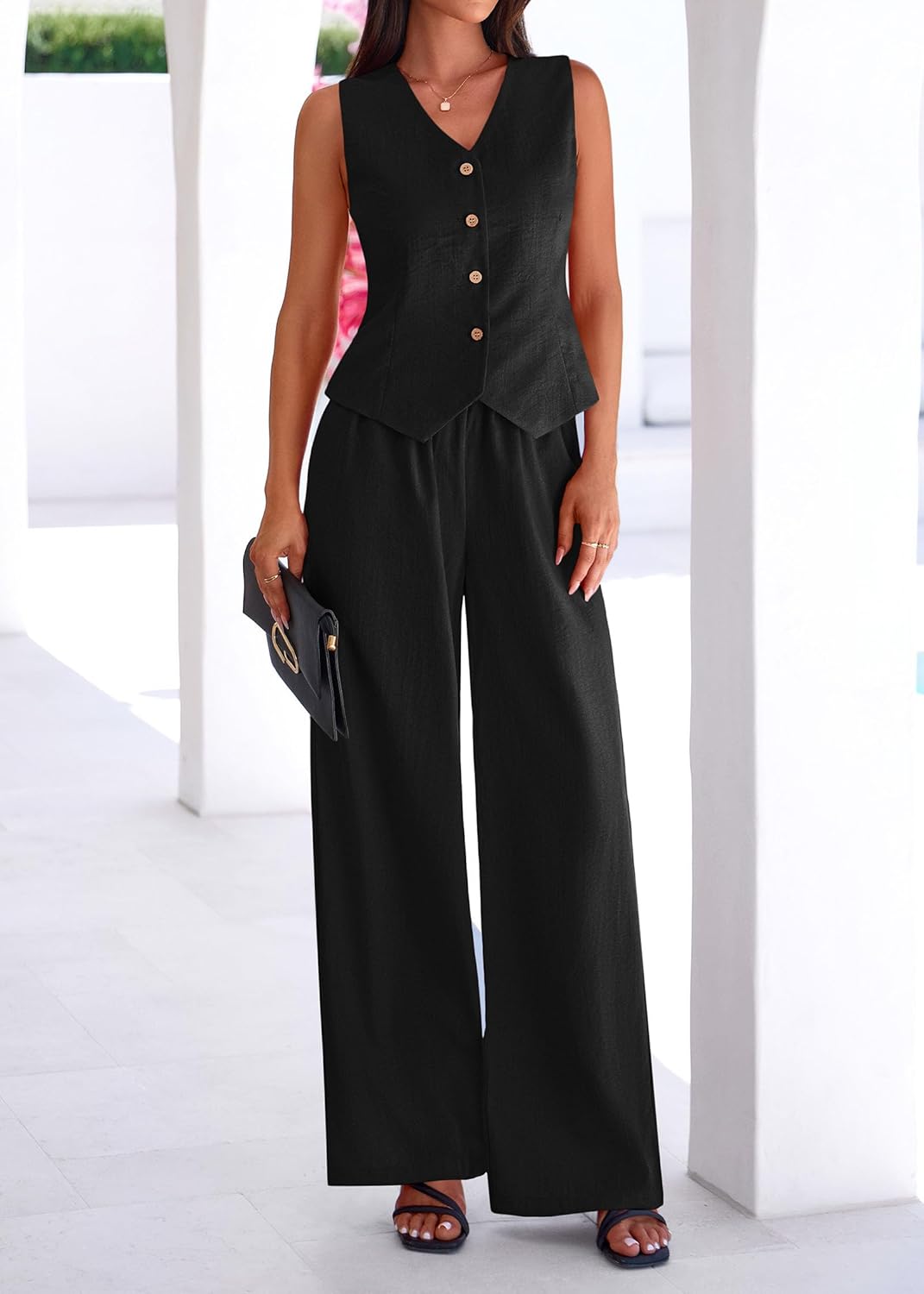 KIRUNDO Business Casual Outfits for Women Vest Tops Pant Suits Dressy 2 Piece Sets Summer Crop Blazer Wide Leg Work Pants - Image 7